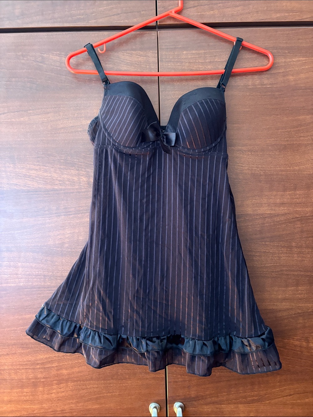 Black Pinstripe Lace-Trim Babydoll Chemise - Women Intimates